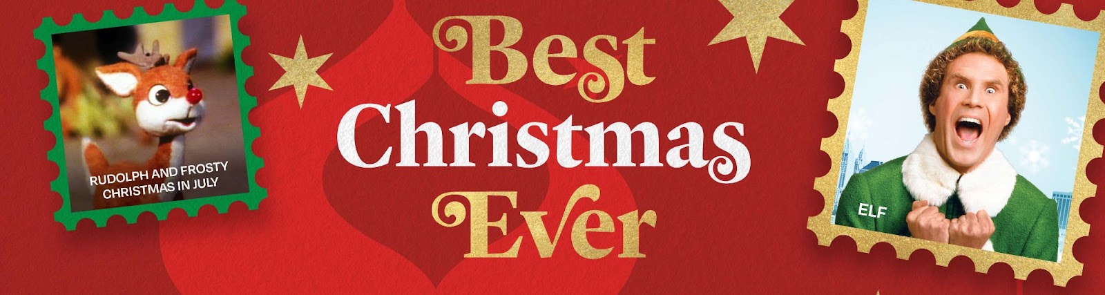 Key art for 'Best Christmas Ever' on AMC and AMC+ featuring art from 'Rudolph and Frosty' and 'Elf'