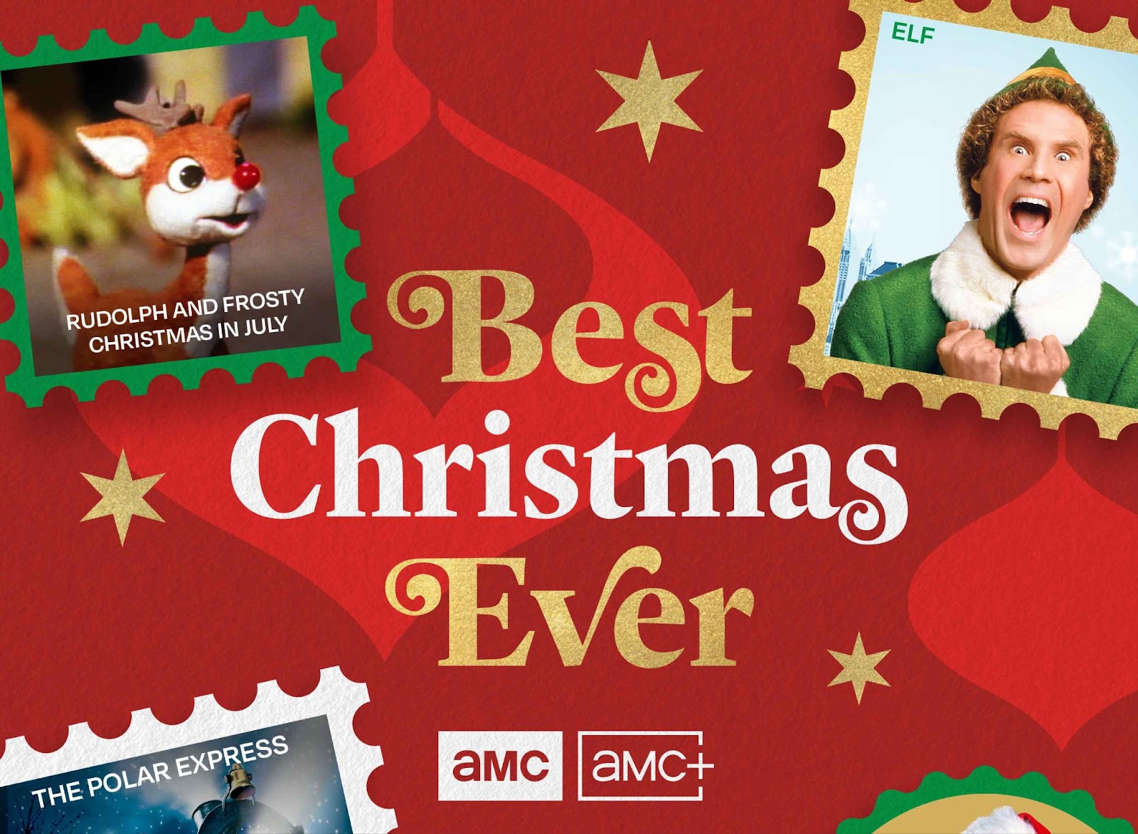 Key art for 'Best Christmas Ever' on AMC and AMC+ featuring art from 'Rudolph and Frosty' and 'Elf'