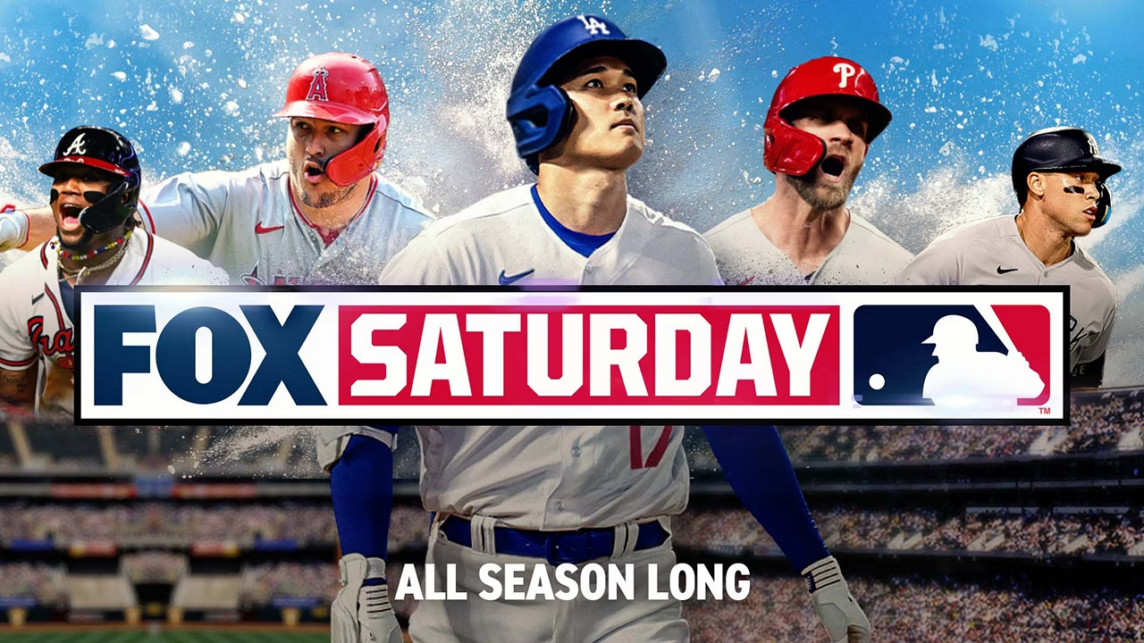 Art for MLB baseball on FOX, featuring multiple baseball players Channel logo