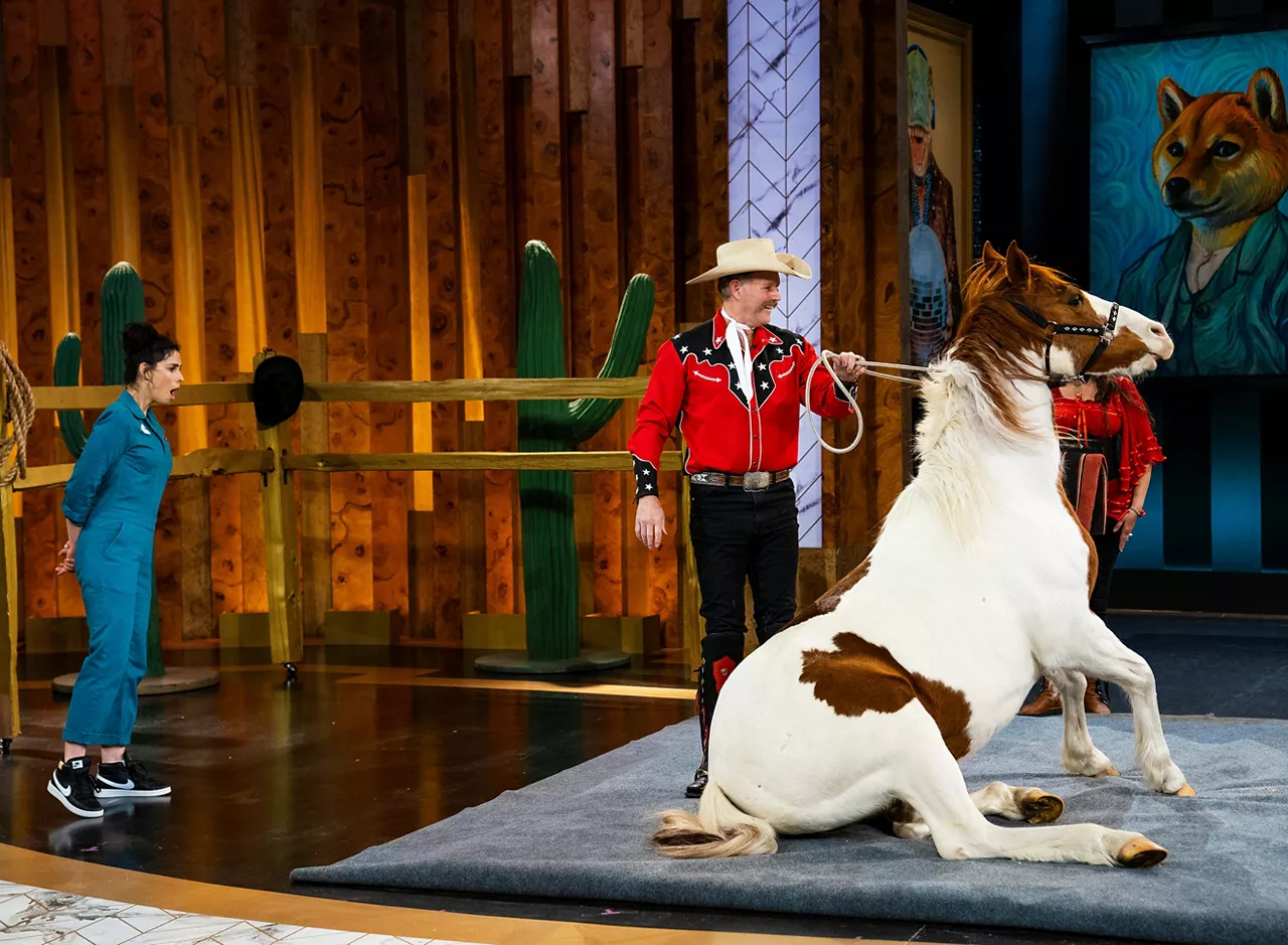 A still from 'Stupid Pet Tricks' featuring Sarah Silverman, a cowboy, and a horse