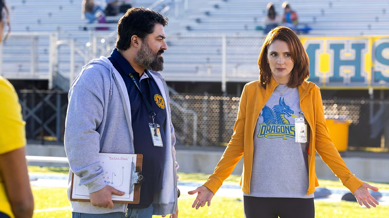 Sean Patton and Stephanie Koenig in a scene from 'English Teacher' on FX