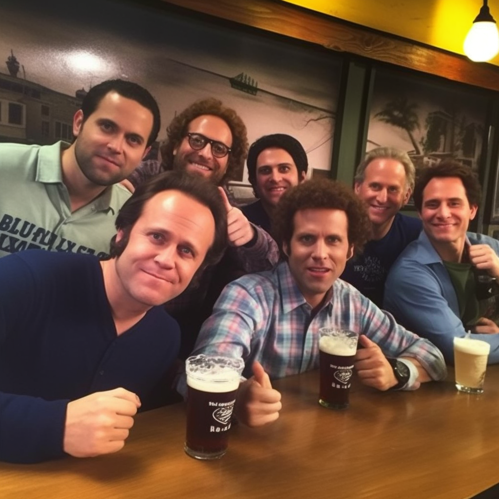 An AI image of the cast of Step Brothers meeting the cast of 'It's Always Sunny in Philadelphia'