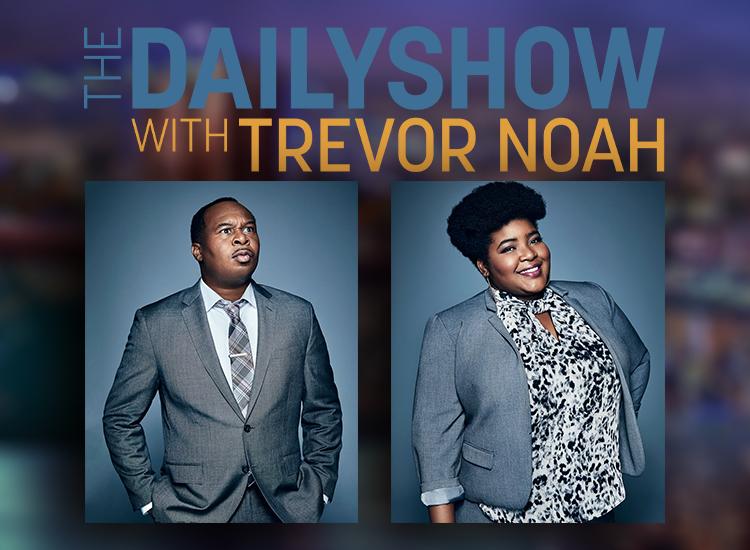 Promotional art for 'The Daily Show With Trevor Noah' with Roy Wood Jr. and Dulcé Sloan