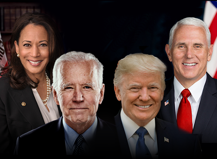 A photo collage of Kamala Harris, Joe Biden, Donald Trump and Mike Pence