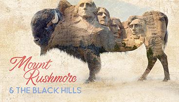 A promotional image that has a picture of a buffalo with Mount Rushmore edited onto the back of the animal with the text "Mount Rushmore & The Black Hills" in the lower left corner.