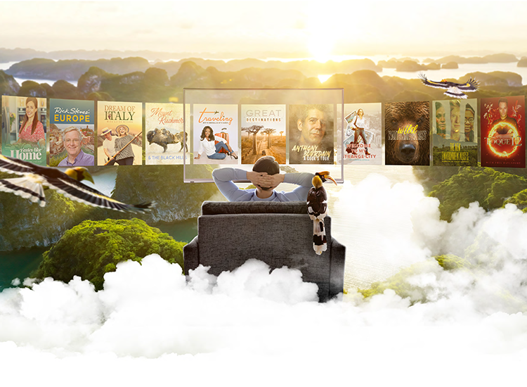 A promotional image of a man sitting in a chair overlooking a rainforest with posters of GoTraveler shows swirling around him.