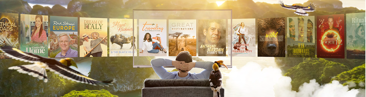 A promotional image of a man sitting in a chair overlooking a rainforest with posters of GoTraveler shows swirling around him.