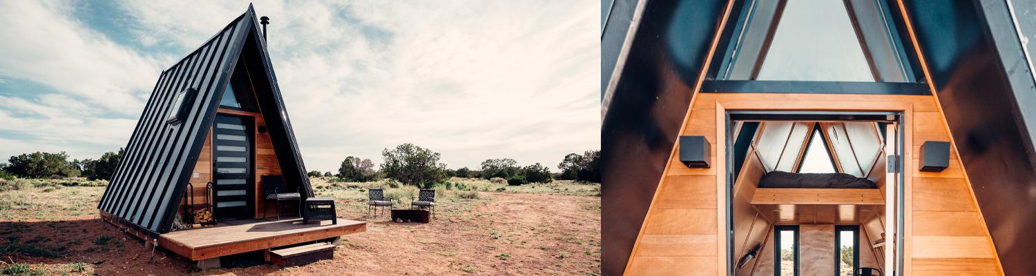 Two pictures of an A-Frame house