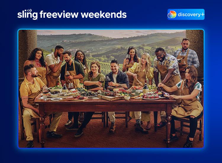 Sling freeview branding with discovery+ key art