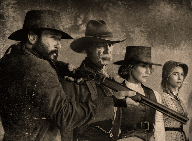 Promotional images from "1883: A Yellowstone Origin Story" featuring Tim McGraw, Sam Elliott, and Faith Hill in character, "Yellowstone" featuring Kevin Costner, and "Bar Rescue" featuring Jon Taffer.