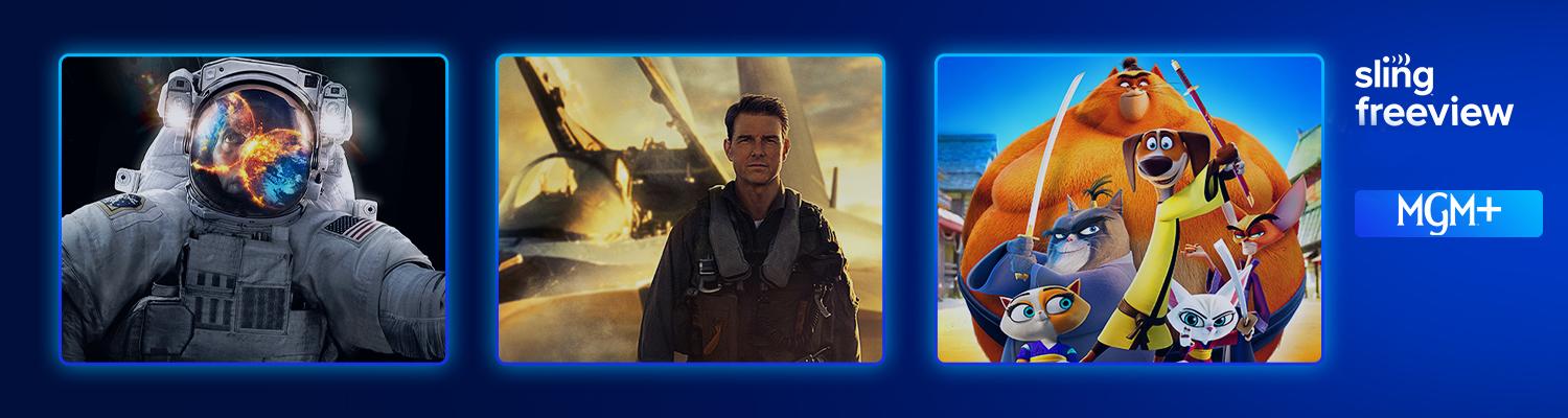 MGM+ Free preview art featuring 'Top Gun: Maverick', Paws of Fury: Legend of Hank, and 'War of the Worlds'