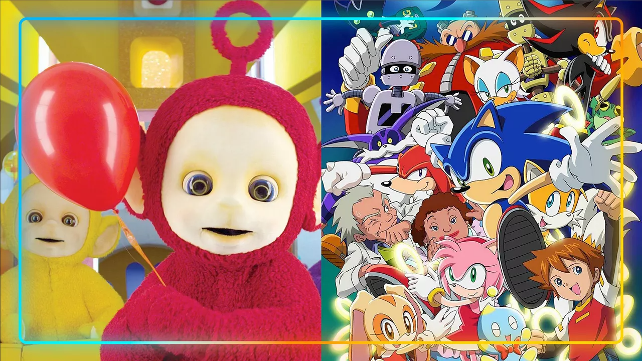 A collage of kids TV shows on Sling freestream, including 'Teletubbies' and 'Sonic Prime'