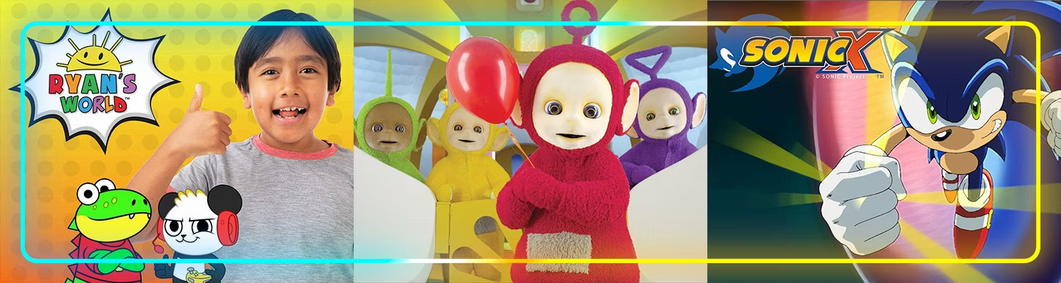 A collage of kids TV shows on Sling freestream, including 'Teletubbies', 'Ryan's World' and 'Sonic X'