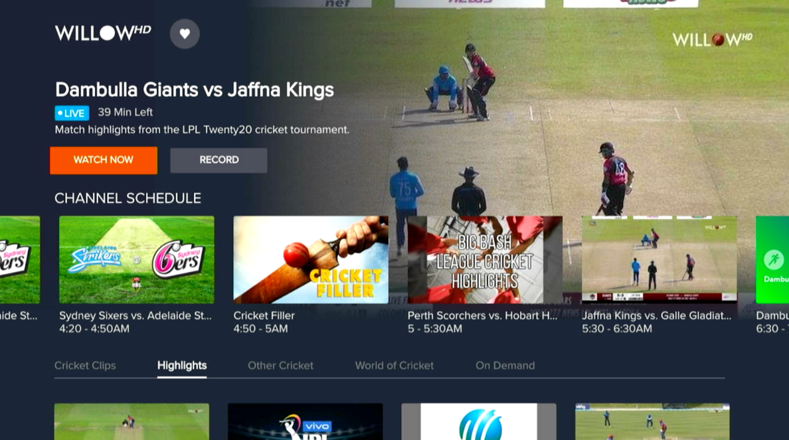 Sling's cricket guide on a TV