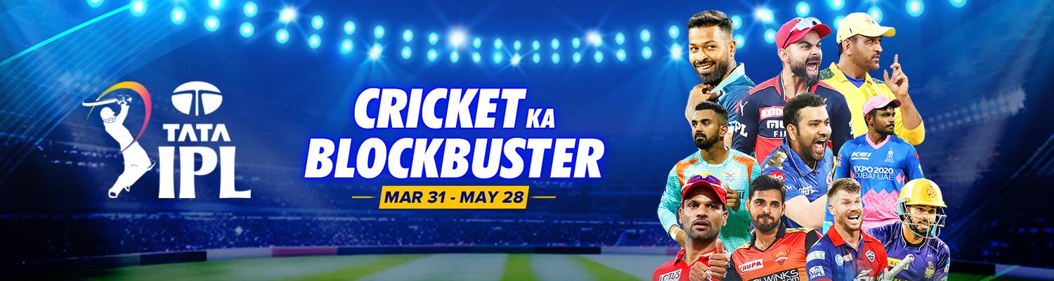 The "TATA IPL 2023" logo against a blue background on the left side, with headshots of various international cricket players to the right and the words "Cricket KA Blockbuster: Mar 31 - May 28" underneath.