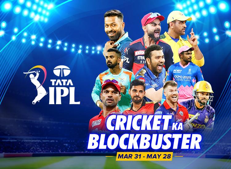 The "TATA IPL 2023" logo against a blue background on the left side, with headshots of various international cricket players to the right and the words "Cricket KA Blockbuster: Mar 31 - May 28" underneath.