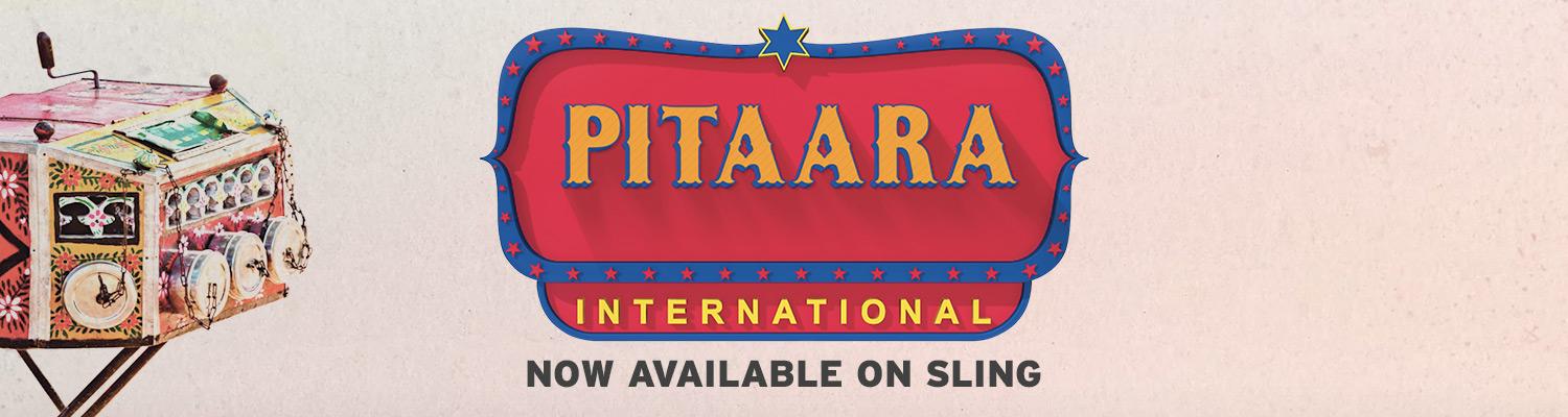 Promotional artwork of the Pitaara International logo on a white background with the text "Now Available on Sling" written beneath it.