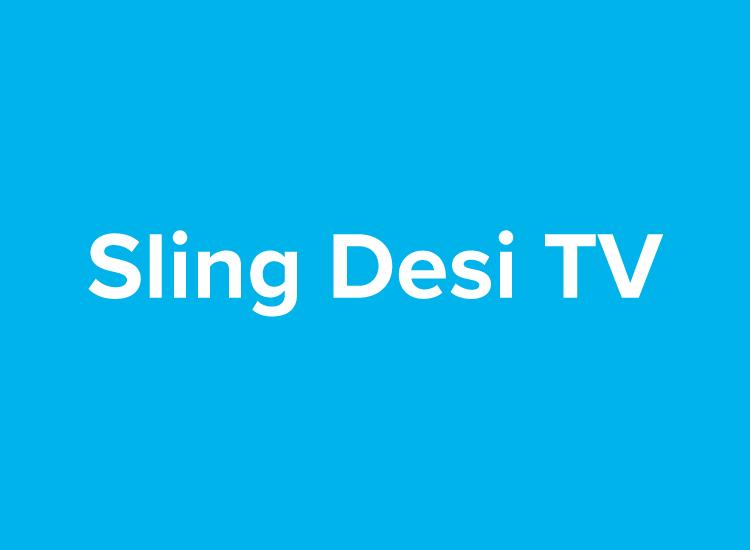 The words "Sling Desi TV" in white text on an aqua blue background.