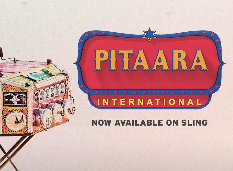 Promotional artwork of the Pitaara International logo on a white background with the text "Now Available on Sling" written beneath it.