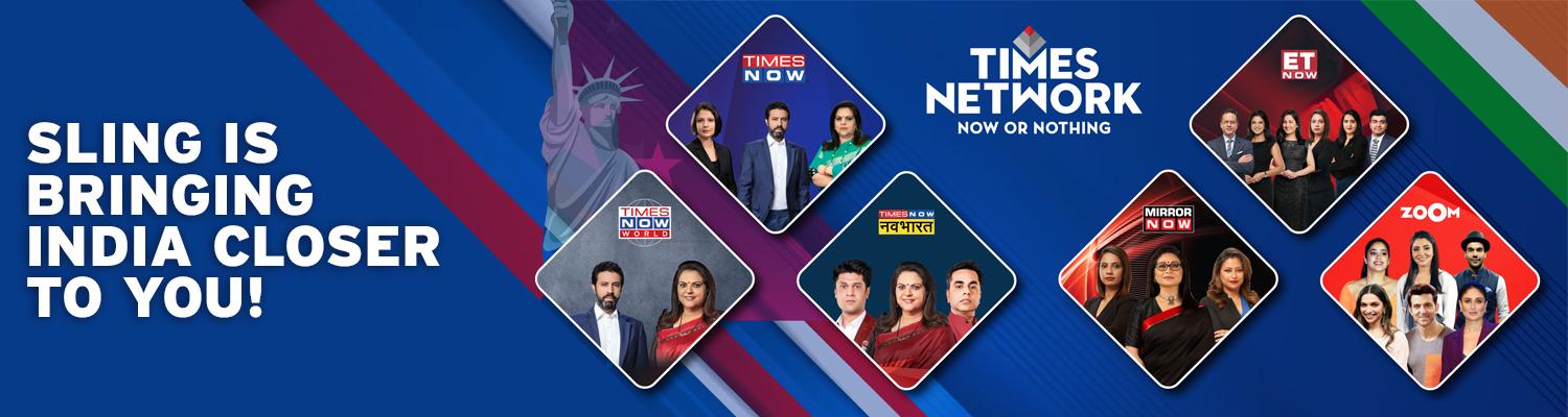 A graphic with the words "SLING IS BRINGING INDIA CLOSER TO YOU!" at the top, followed by the Times Network logo in the middle, and promotional images of Times Now, Times Now World, Mirror Now, ET Now, and ZOOM to the left and right.