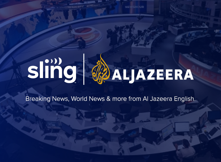 Promotional images of the Sling TV and Al Jazeera English logos against a blue background