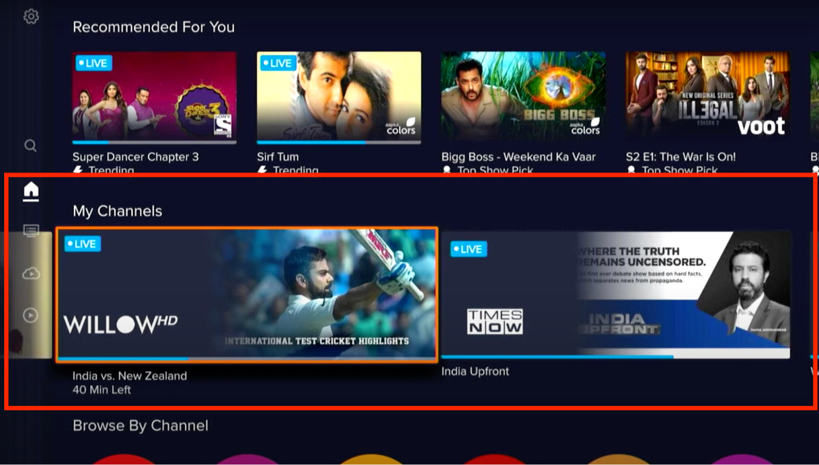 Image of "My Channels" section on Sling