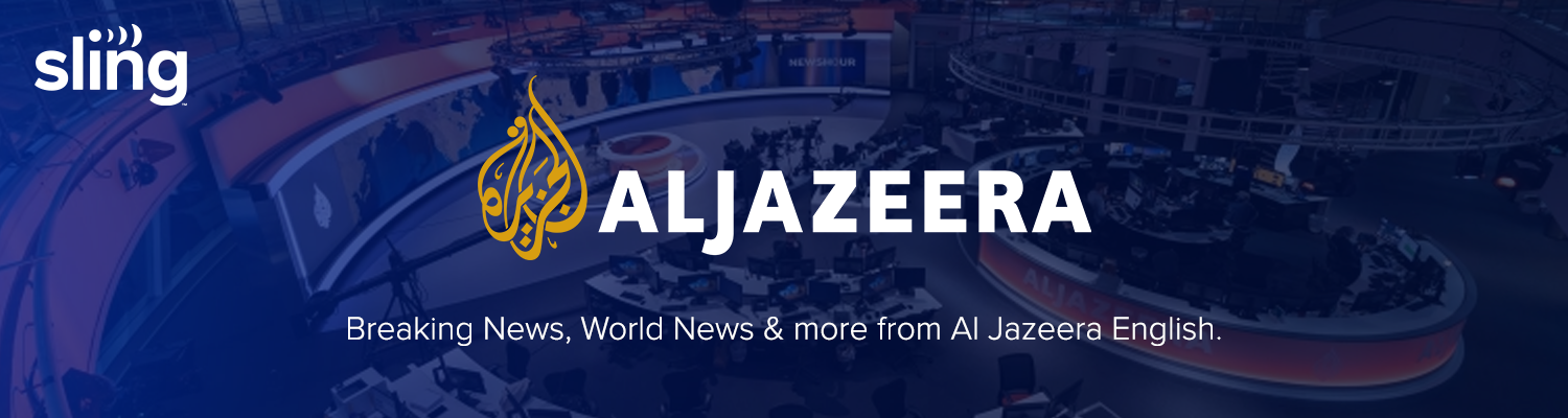 Promotional images of the Sling TV and Al Jazeera English logos against a blue background