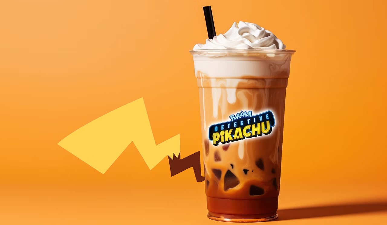 An iced coffee with Detective Pikachu branding