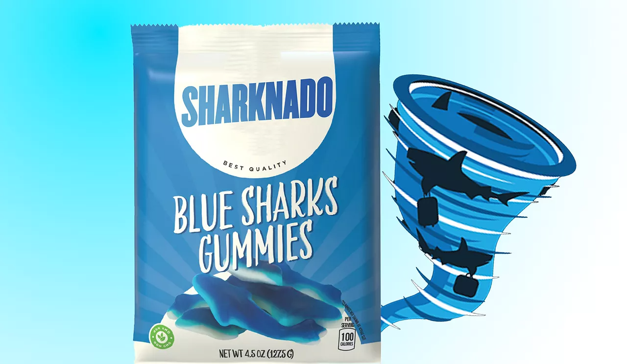 Sharknado branding on a gummy package