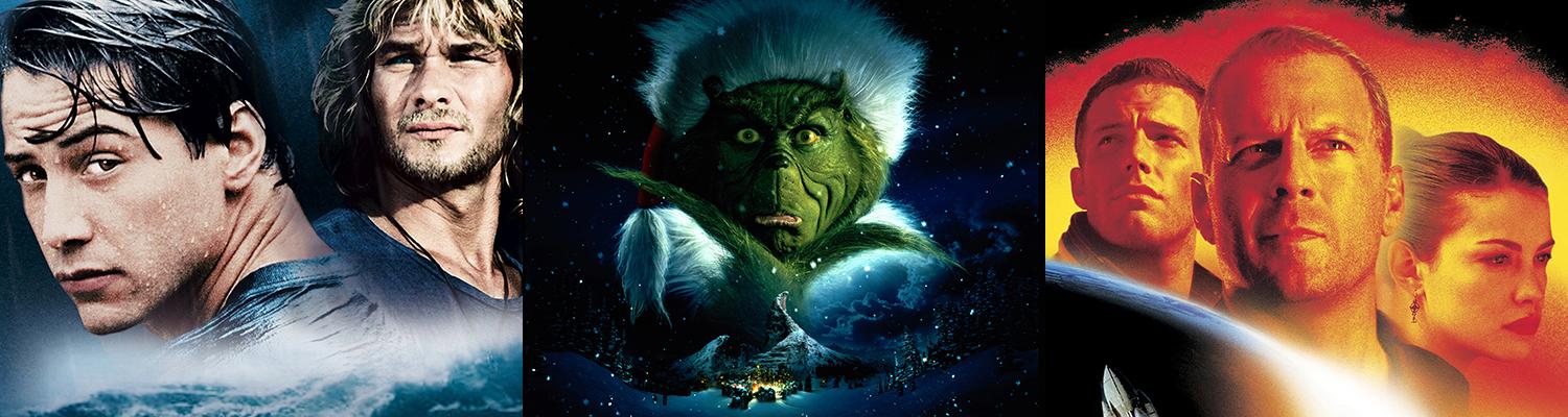 Images from 'Point Break', 'Dr. Seuss' How the Grinch Stole Christmas' and 'Armageddon'