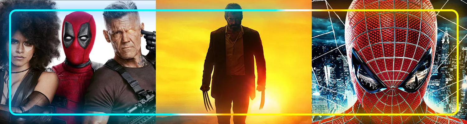 Art for the FXM free preview on Sling featuring posters for 'Logan', 'The Amazing Spider-Man' and 'Deadpool 2'