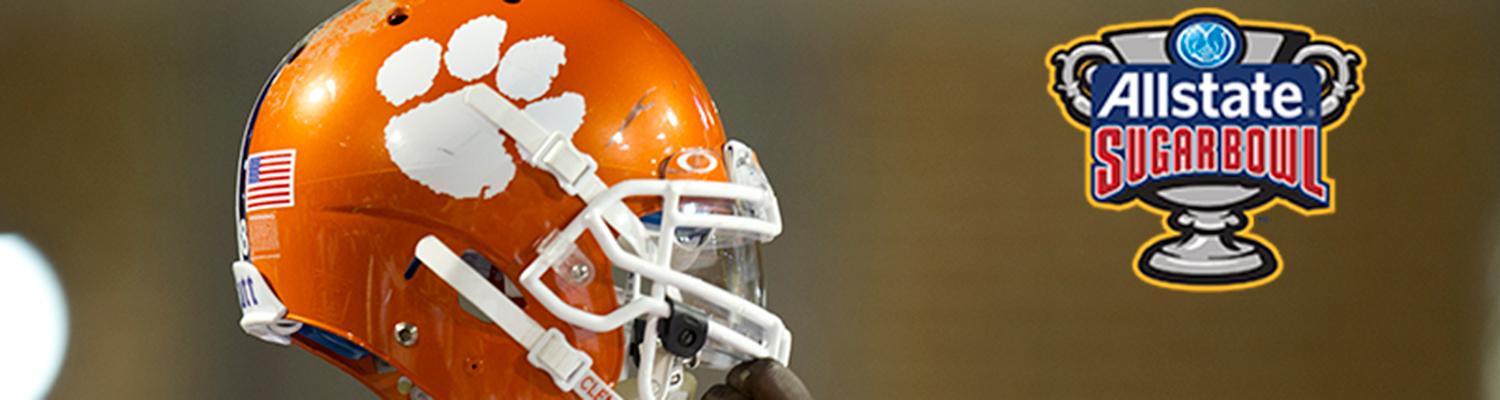 A Clemson football helmet with the Sugar Bowl logo