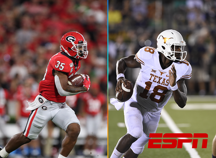 Images of football players from Georgia and Texas with ESPN branding.