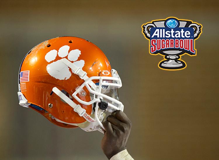 A Clemson football helmet with the Sugar Bowl logo