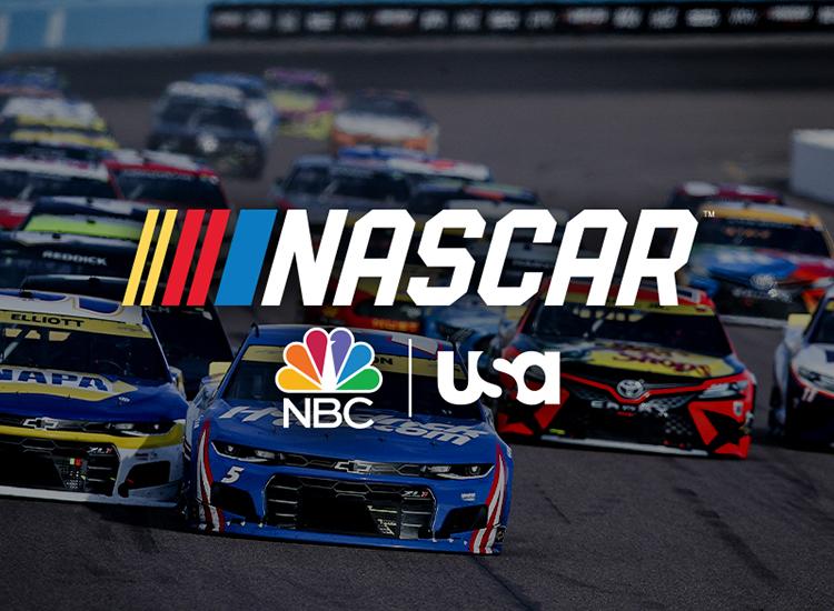 Image of Chase Elliott and Kyle Larson battling for the lead at Phoenix Raceway in November 2021 with the "NBC" and "USA" logos superimposed on top of them.