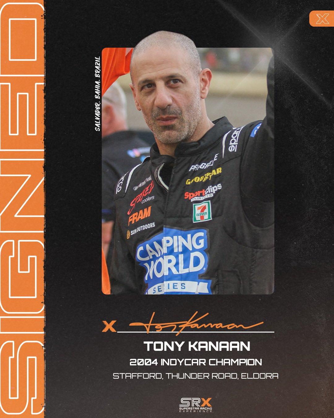 Headshot of Tony Kanaan with the words "2004 IndyCar Champion - Stafford, Thunder Road, Eldora" underneath the image.