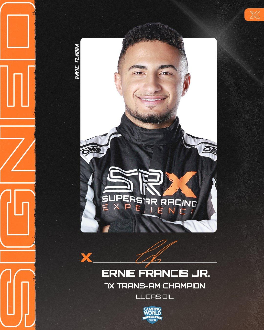 Headshot of Ernie Francis Jr. with the words "7X Trans-Am Champion" underneath the image.