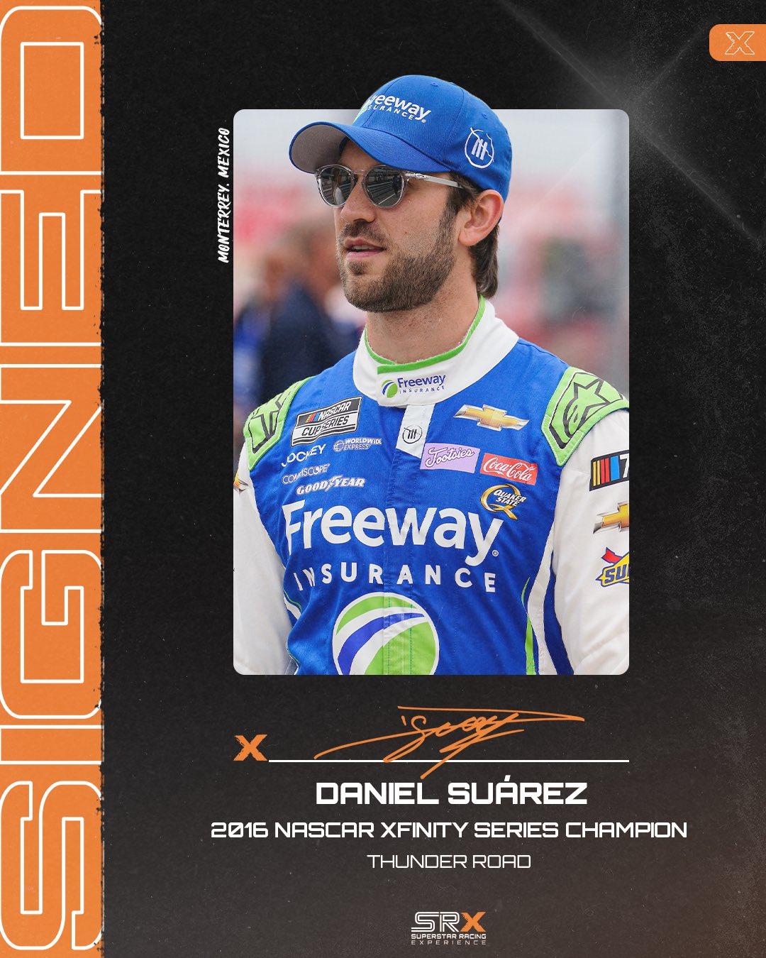 Headshot of Daniel Suárez with the words "2016 NASCAR Xfinity Series Champion" underneath the image.