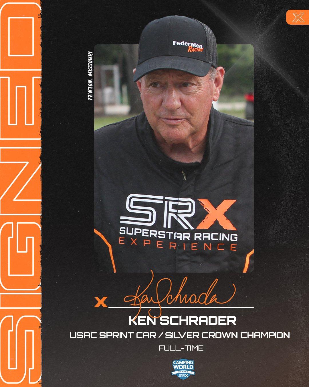 Headshot of Ken Schrader with the words "USAC Sprint Car / Silver Crown Champion - Full-Time" underneath the image.