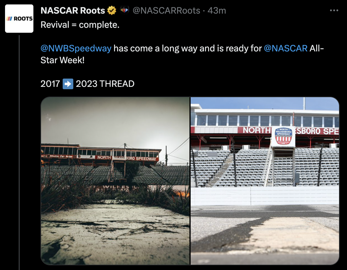 A side-by-side comparison of an overgrown North Wilkesboro Speedway in 2017 and a refreshed racetrack in 2023.