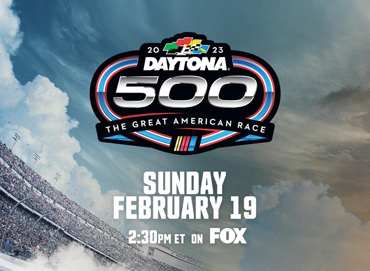 Promotional key art for the 2023 Daytona 500 with the cars of Martin Truex Jr, Denny Hamlin, and Kyle Larson racing around Daytona International Speedway.