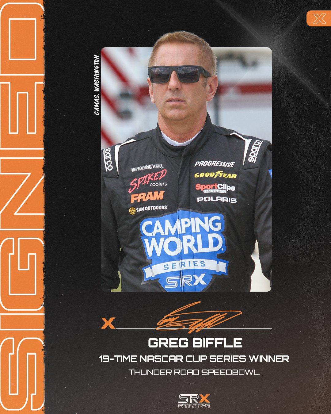 Headshot of Greg Biffle with the words "19-Time NASCAR Cup Series Winner" underneath the image.