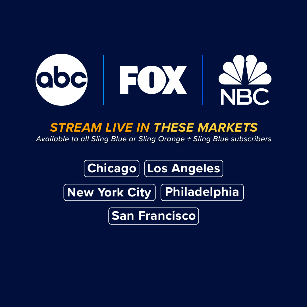 A graphic that details which US cities receive ABC, FOX, and NBC in their Sling Blue subscription: Chicago, Los Angeles, New York City, Philadelphia, and San Francisco.