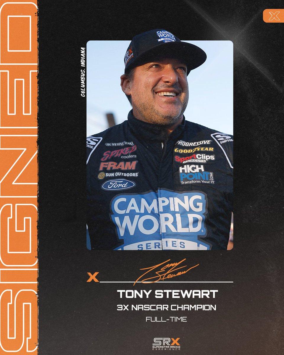 Headshot of Tony Stewart with the words "3X NASCAR Champion - Full-Time" underneath the image.