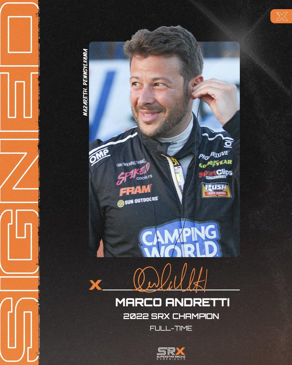 Headshot of Marco Andretti with the words "2022 SRX Champion" underneath the image.