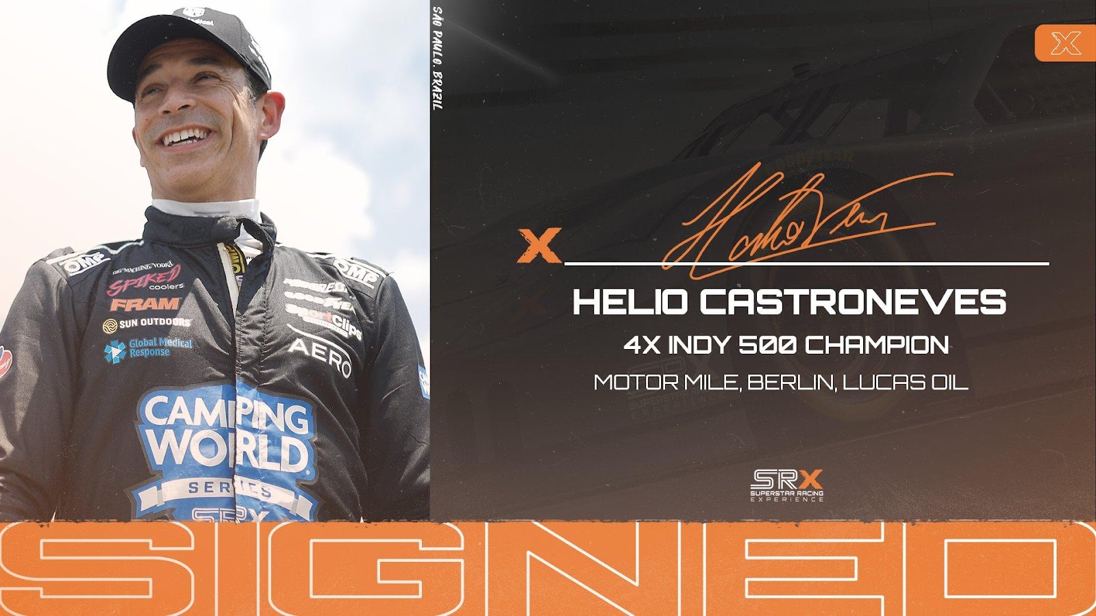 Headshot of Hélio Castroneves with the words "4X Indy 500 Champion - Motor Mile, Berlin, Lucas Oil" underneath the image.