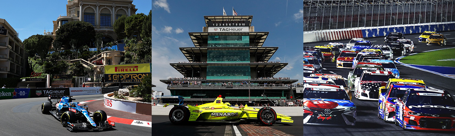 A F1 racecar on the track at Monaco, an IndyCar vehicle on the track at Indianapolis Motor Speedway, and NASCAR stock cars on track at Charlotte Motor Speedway.