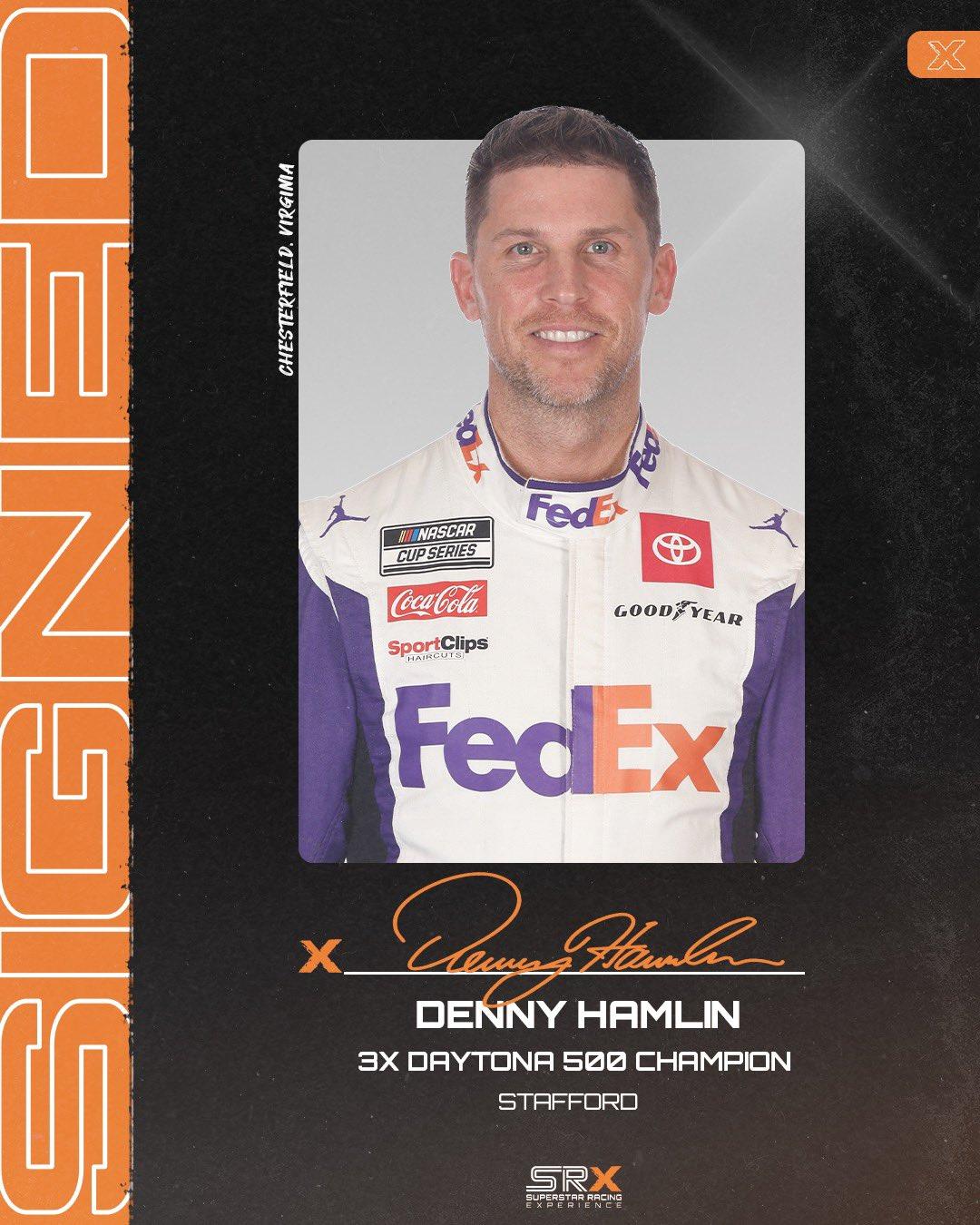 Headshot of Denny Hamlin with the words "3X Daytona 500 Champion - Stafford" underneath the image.