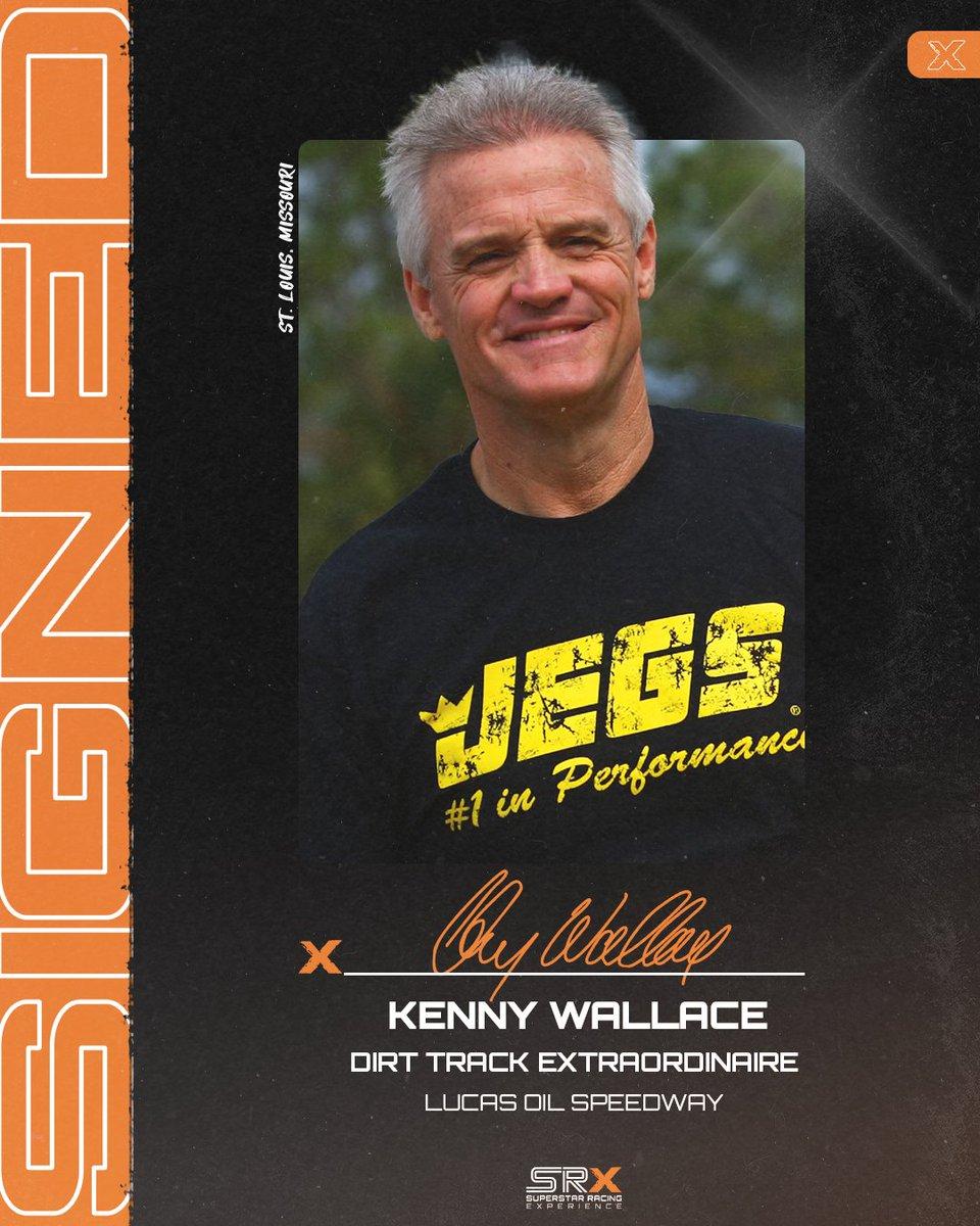 Headshot of Kenny Wallace with the words "Dirt Track Extraordinaire - Lucas Oil Speedway" underneath the image.