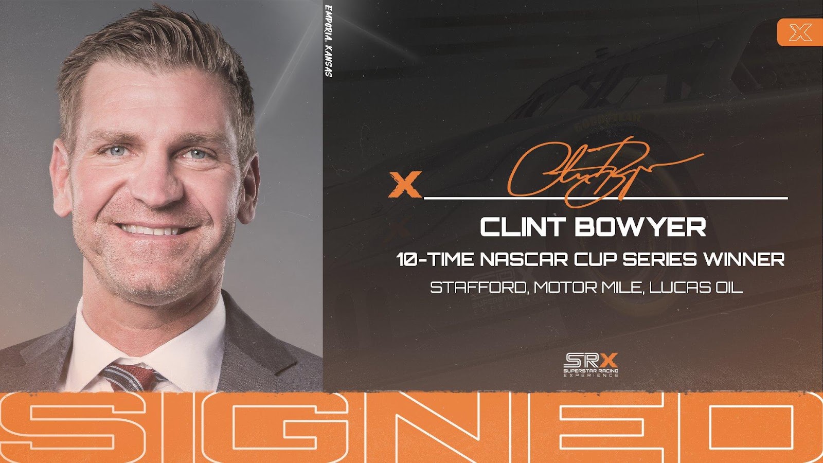 Headshot of Clint Bowyer with the words "10-Time NASCAR Cup Series Winner - Stafford, Motor Mile, Lucas Oil" underneath the image.